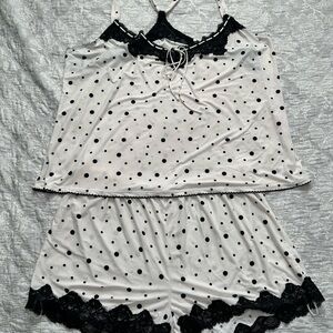 Matching Set Polka Dot Lace Pajama Top and Shorts